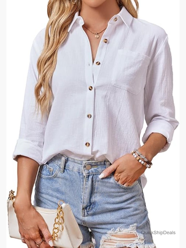 Cotton Button Down Shirt V-Neck Long Sleeve Gauze Texture Pocket